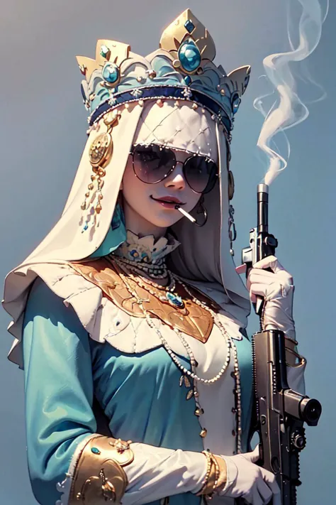 arafed woman in a blue dress and a crown holding a gun