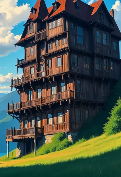 anime style house with a balcony and balconies on the top of a hill