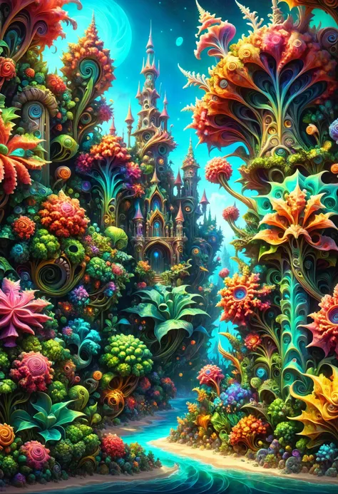 a painting of a fantasy forest with a castle in the background