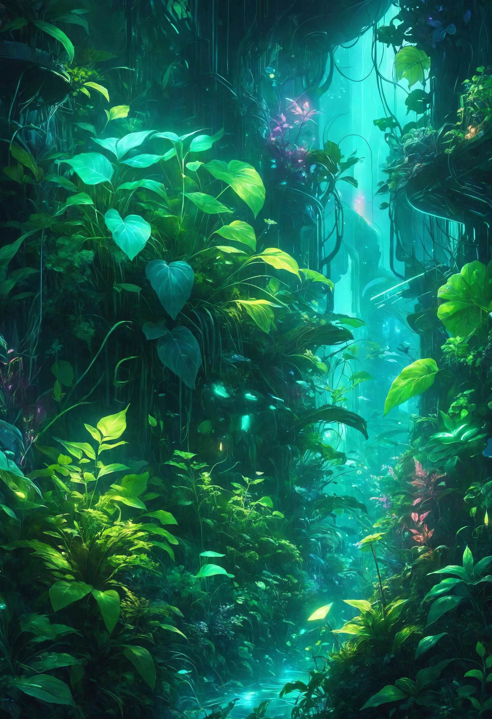 Un fascinante bosque submarino donde el follaje bioluminiscente de plantas translúcidas pulsa suavemente, creando una encantadora danza de luces y sombras, Detective Cyberpunk en un paisaje urbano iluminado con luces de neón en primer plano., Estilo artístico Dreamyvibes, 