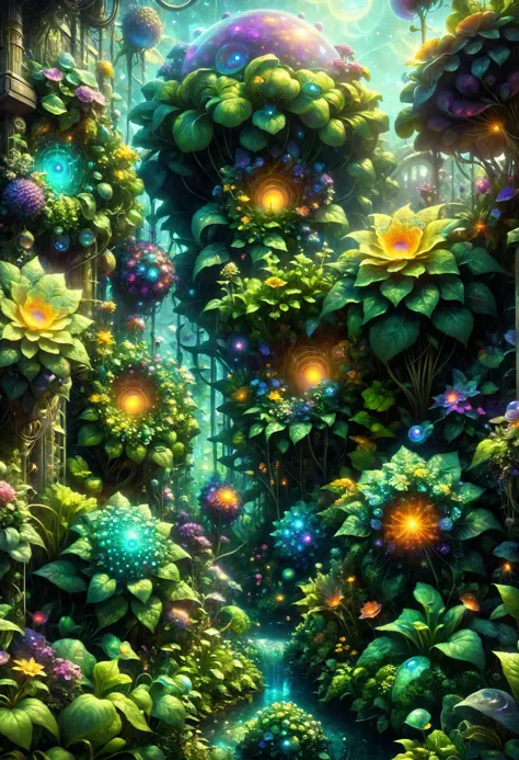 ral-mndlbrt Un jardin surréaliste de flottants, des orbes phosphorescents qui libèrent des explosions de pollen lumineux, créant une atmosphère d'un autre monde dans les profondeurs silencieuses, ColorArT,,, une peinture numérique très détaillée et magnifique par Thomas Kinkade et H, r, giger, Tendance sur ArtStation et DeviantArt 