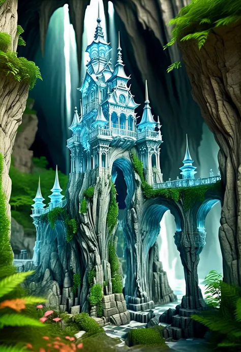 a close up of a castle in a cave with a waterfall