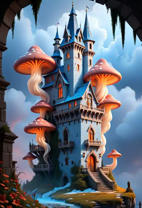 core_9, score_8_up, score_7_up, fabulous, fantastic, whimsical details, castle tower with tiled roofs.MASONRY. exceptional detail, fine textures, deep shadows, clear lines, rainbow sunset.BEIGE CUMULUS CLOUDS WITH SPIRAL SWIRLS. the volume and depth of the fog. , expressive CLEAR IMAGE, highly detailed, award-winning, (complex details, masterpiece, best quality: 1.4) languor of orgasm on the face of a fire-breathing castle with fiery veins. blue ice icicle lampshade s  made as mushrooms in wonderland, creepy, horror, scary, soft lighting, sharp focus, paint drops, rough edges, trending on artstation, studio photo, intricate details, highly detailed, <lora:Bio-Luminescence:0.6>,  <lora:add-detail-xl:0.7>,  <lora:xl_more_art-full_v1:1>,