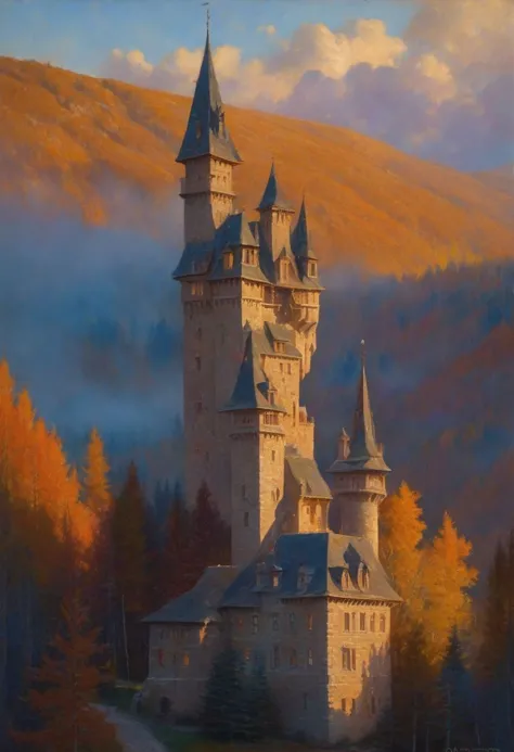 painting of a castle in the mountains with a path leading to it