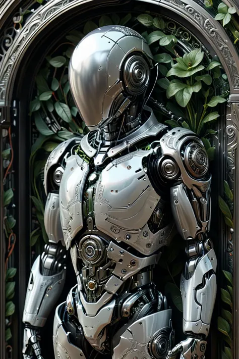 photorealistic, detailed digital illustration of a <lora:Chrome_Tech_XL:0.7> chrometech cyborg, <lora:Faceless_Cyborgs:0.7> noface, cyborg, at a Pocket dimension accessed through ornate portal,  <lora:xl_more_art-full_v1:0.4>,  soft shaded , <lora:EnvyGardencoreXL01:0.7>