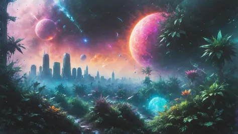 a painting of a city with a lot of trees and planets