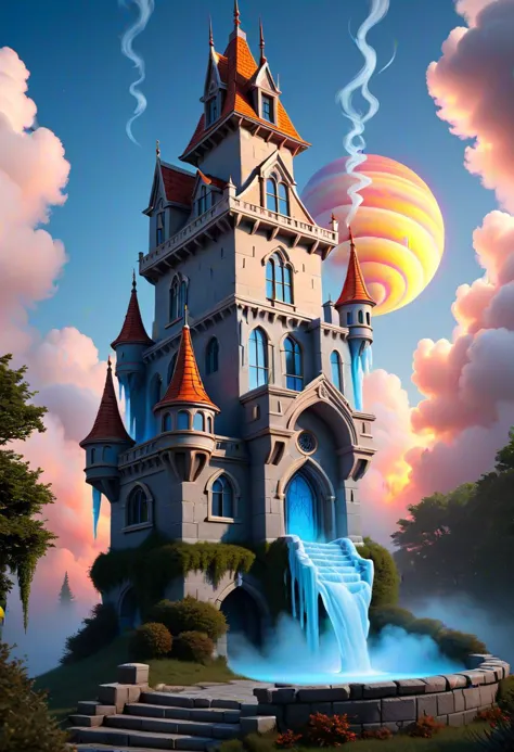 a painting of a castle with a waterfall and a hot air balloon