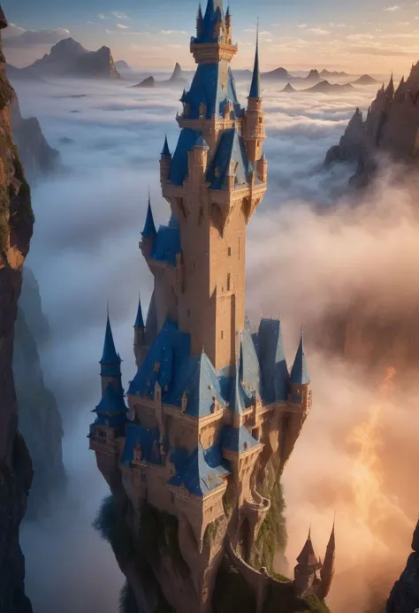 a close up of a castle on a cliff with a sky background