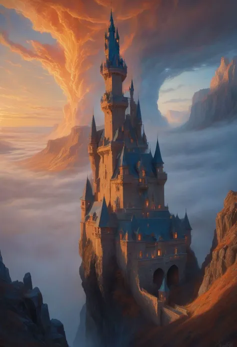 a castle in the sky with a mountain in the background