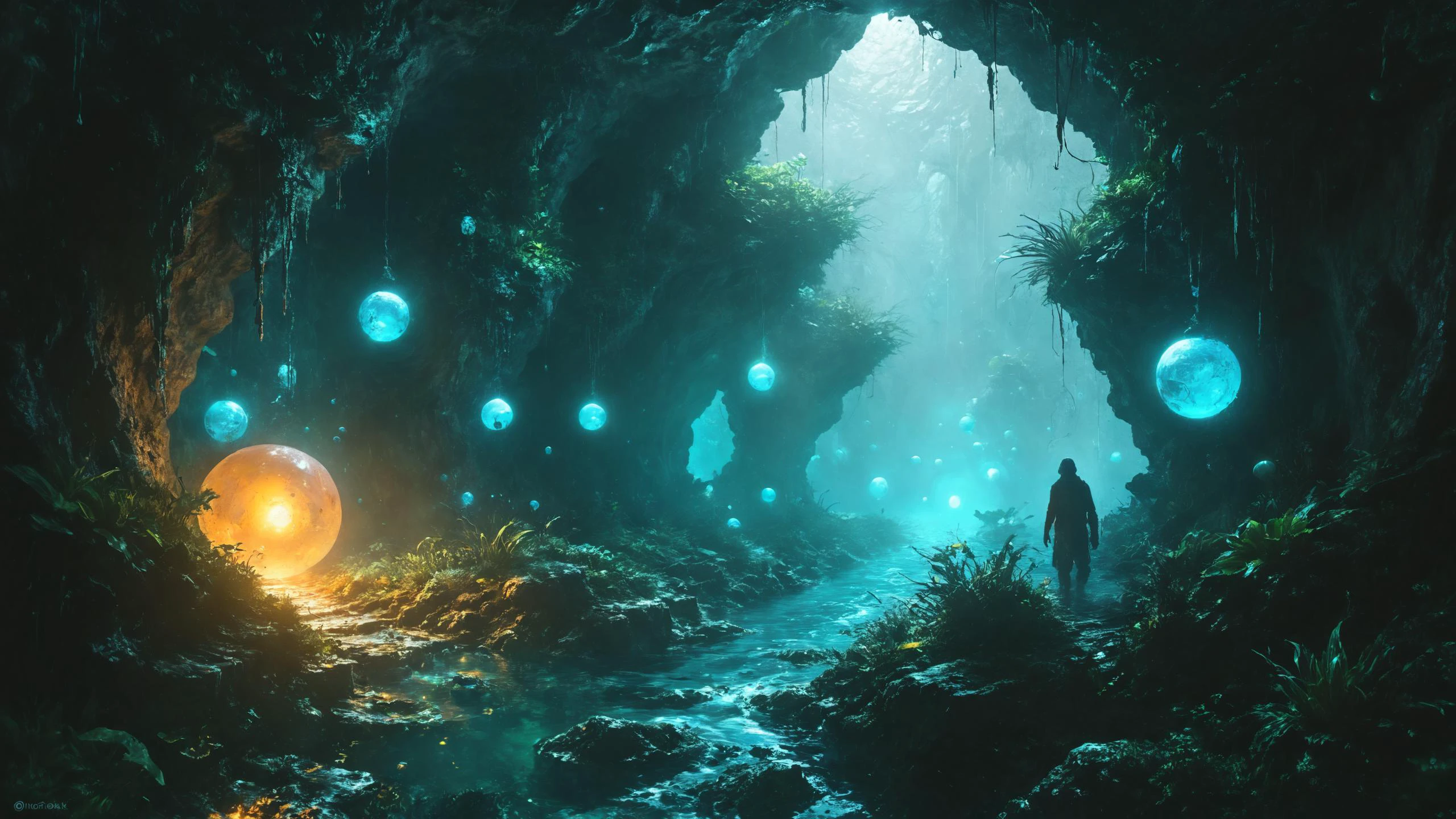 A labyrinthine cave system filled with glowing, floating orbs that guide the way, casting an enchanting glow on the mysterious underwater passages, Cybernetic smuggler evading authorities in the foreground, PENeonUV,,, photorealistic, fantasy, cinematic, trending on artstation, detailed, stunning visuals, creative, cinematic, ultra detailed 