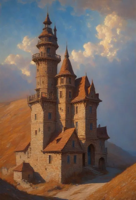 painting of a castle in the middle of a desert with a sky background