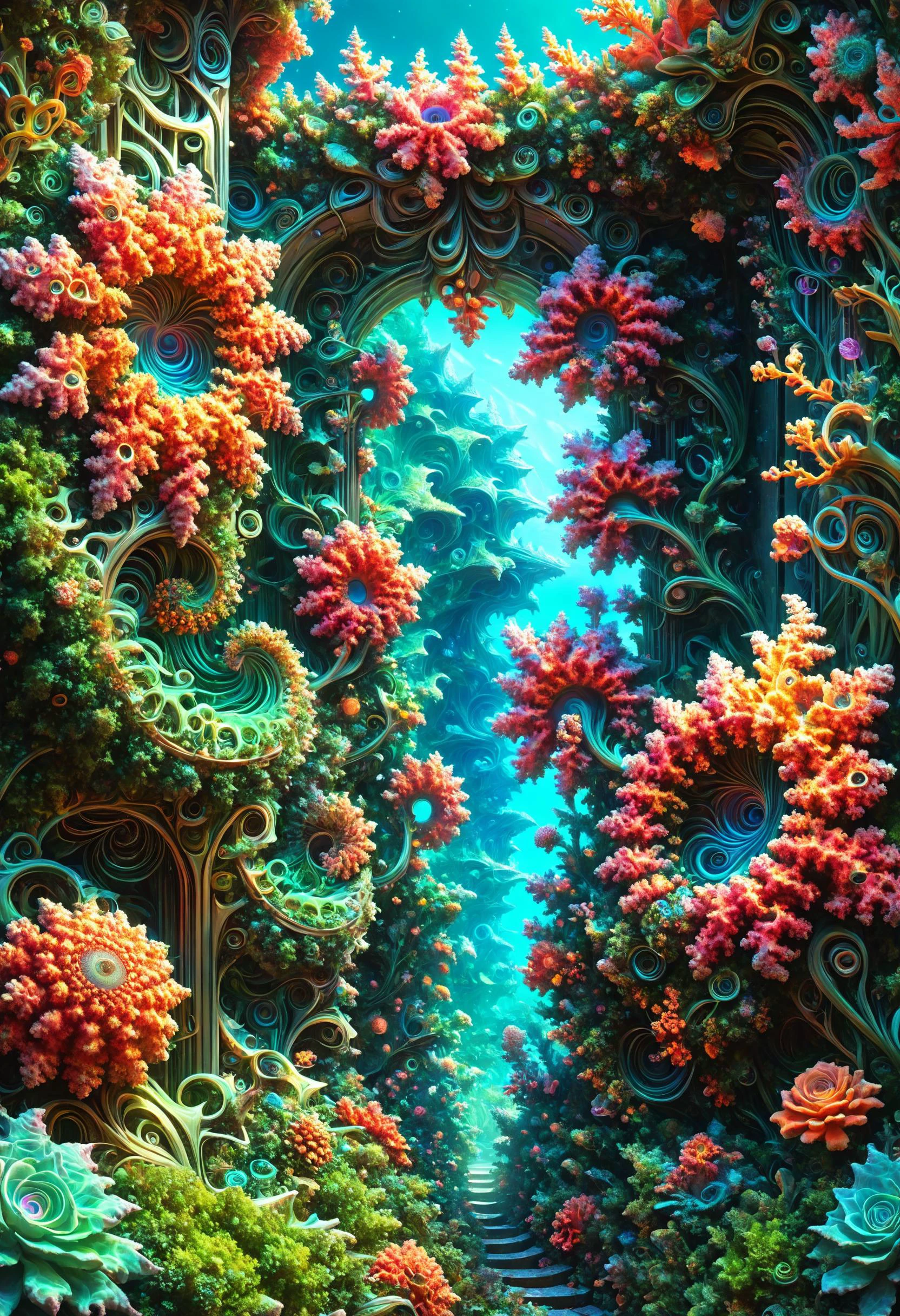 ral-mndlbrt Un labyrinthe de corail aux parois irisées, abrite des créatures marines insaisissables qui naviguent dans le labyrinthe avec grâce, laissant des traînées de sentiers bio brillants dans leur sillage, PENÉonUV,,, peinture numérique, Station artistique, art conceptuel, Lumière douce, hdri, lisse, netteté, illustration, fantaisie, complexe, élégant, très détaillé, d&d, peinture mate, dans le style de Greg Rutkowski et Alphonse Mucha et Artemisia, 8 