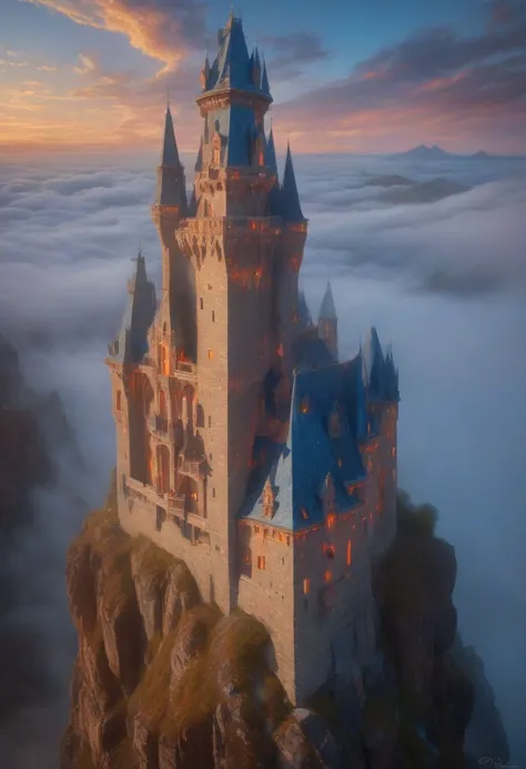 On the Edge of the Unknown,core_, fabulous, fantastic, whimsical details, castle tower with tiled roofs.MASONRY. exceptional detail, fine textures, deep shadows, clear lines, rainbow sunset.BEIGE CUMULUS CLOUDS WITH SPIRAL SWIRLS. the volume and depth of the fog. , expressive CLEAR IMAGE, highly detailed, award-winning, (complex details, masterpiece, best quality: 1.4) languor of orgasm on the face of a fire-breathing castle with fiery veins. blue ice icicle lampshade highly detailed, digital painting, artstation, concept art, sharp focus, illustration, cinematic lighting, style of Clarence Gagnon, Francis Picabia, Emmy Bridgwater, Sam Kieth