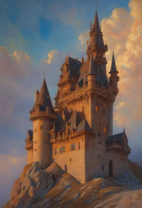 painting of a castle on a hill with a sky background