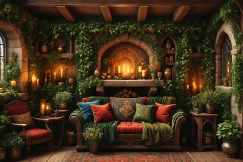 a close up of a couch in a room with a fireplace