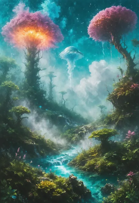 a painting of a river surrounded by trees and flowers