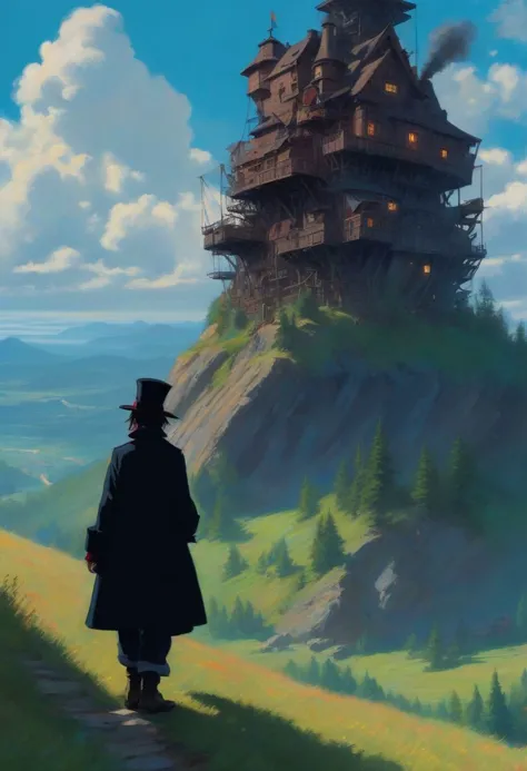 On the Edge of the Unknown: Howl's Moving Castle (2003), portrait, highly detailed, digital painting, artstation, concept art, sharp focus, illustration, cinematic lighting, style of Clarence Gagnon, Francis Picabia, Emmy Bridgwater, Sam Kieth