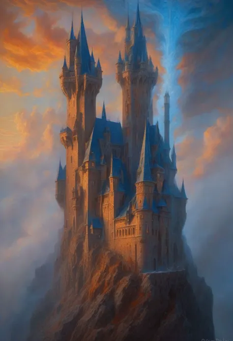 a painting of a castle on a mountain with a sky background