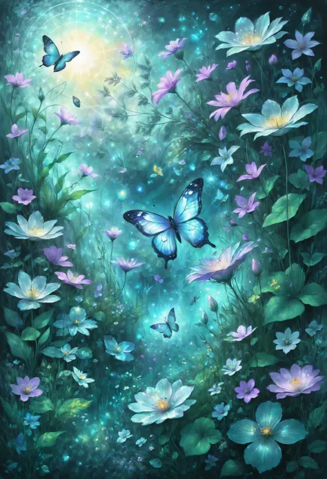 A tranquil underwater meadow where ethereal sea butterflies with iridescent wings flutter among the luminescent blossoms of seaf...