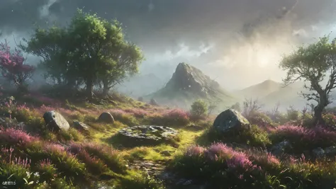 A Scottish stone circle surrounded by heather-covered hills, where ancient stones stand as silent sentinels, Virtual reality explorer uncovering digital landscapes in the foreground,,,, trending on ArtStation, award winning <lora:Rainbow_Style:0.6> <lora:MJ52:0.4>  <lora:Desolation:0.8>  <lora:EnvyGardencoreXL01:0.8>