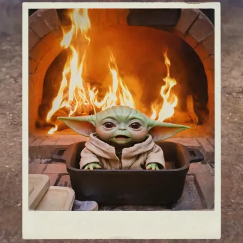 polyroid photo of Grogu baby yoda on a baking dish inside of a wood fire brick oven, mouth open, <lora:Grogu:0.7>, <lora:polyroi...