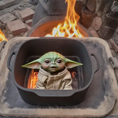 polyroid photo of Grogu baby yoda on a baking dish inside of a wood fire brick oven, mouth open, <lora:Grogu:0.7>,