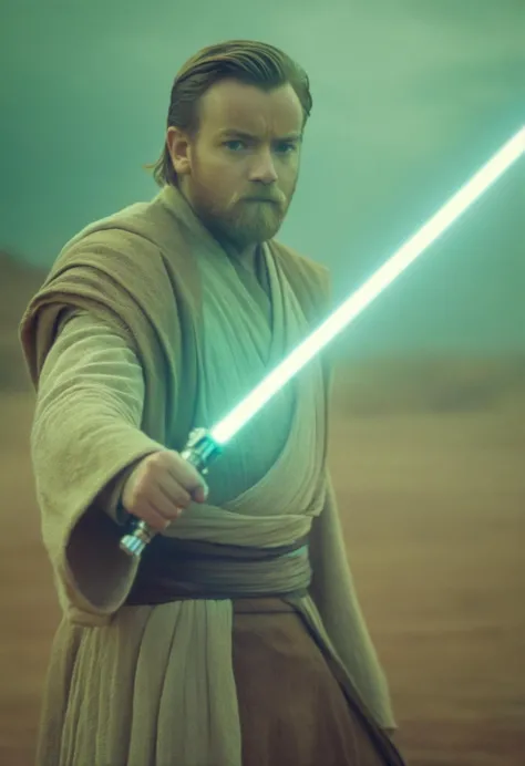 still cinematográfico de Obi-Wan Kenobi com um sabre de luz no universo Star Wars (em postura de luta) profundidade superficial de campo, vinheta, Altamente detalhado, alto orçamento, Bokeh, cinemascópio, temperamental, épico, maravilhoso, grão de filme, granulado