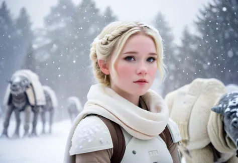 star wars, hoth, tauntaun, photograph of a cute girl, blonde hair, pale skin, freckles, blush, innocent, snowfall, bokeh, sharp focus on subject, bare shoulders 