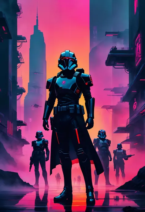 Retro game art of (Inferno Squad), Art Academia aesthetics, a portrait of a Inferno Squad standing in a futuristic metropolis, t...