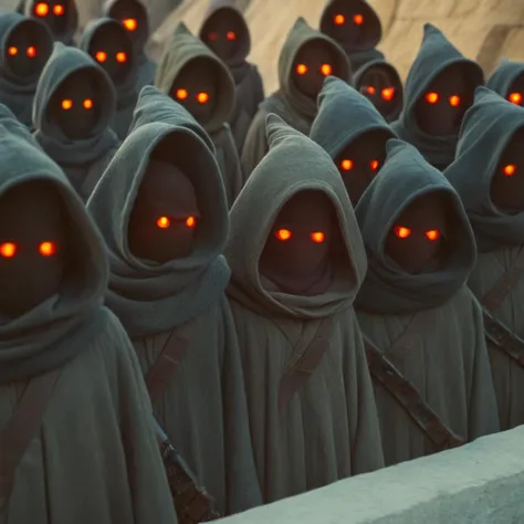 a group of people with hoodeds and red eyes standing in a line