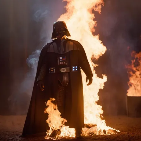 Fotograma de película cinematográfica de Darth Vader, un cuerpo humano de carne cocida, es incendiado con cenizas y respira fuego en el universo de Star Wars, poca profundidad de campo, Viñeta, muy detallado, alto presupuesto, bokeh, cinemascope, malhumorado, épico, espléndido, grano de la película, granoso