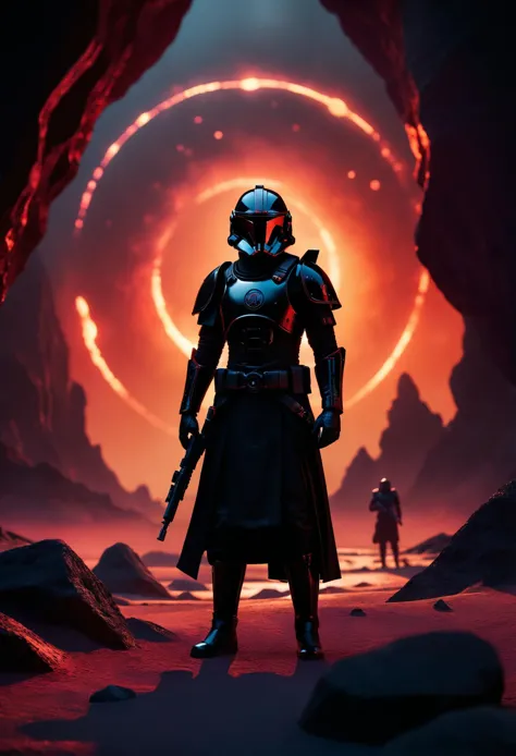 Tribal style, (Inferno Squad), Stripcore aesthetics, a portrait of a Inferno Squad standing in a ringed alien landscape surround...