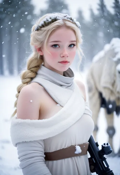 star wars, hoth, tauntaun, photograph of a cute girl, blonde hair, pale skin, freckles, blush, innocent, snowfall, bokeh, sharp ...