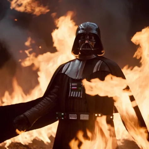 cinematic film still of  <lora:Darth Vader:1.5>
Darth Vader a man is set on fire burned alive with fire everywhere in star wars ...