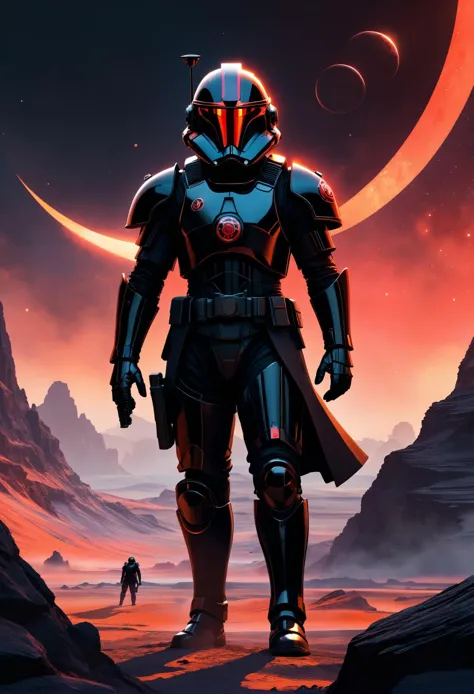 Caricature of (Inferno Squad), Art Academia aesthetics, a portrait of a Inferno Squad standing in a ringed alien landscape surro...