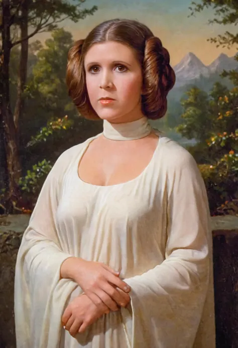 Leia Organa als Mona Lisa von Leonardo da Vinci, kreisrunde Haar-Dutt an der Seite des Kopfes, Ölgemälde, Meisterwerk, sehr detailliert, 8k, perfekte Hände, Abonnieren