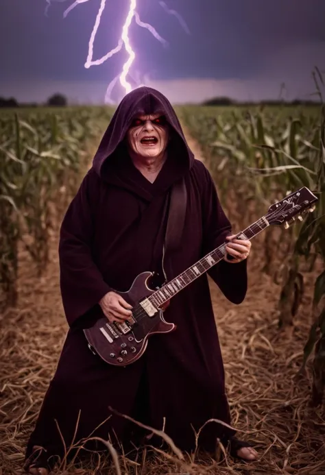 cinematic film still of <lora:Darth Sidious:1.50>
Darth Sidious in a cornfield playing electric guitar with lightning bolts, vig...