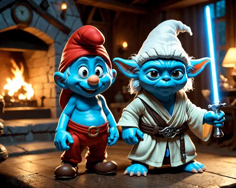 cinematic film still Hyperrealistic art 2 characters
standing in a smurf house, Great Lighting, Extremely high-resolution details, photographic, realism pushed to extreme, fine texture, incredibly lifelike . shallow depth of field, vignette, highly detailed, high budget, bokeh, cinemascope, moody, epic, gorgeous, film grain, grainy