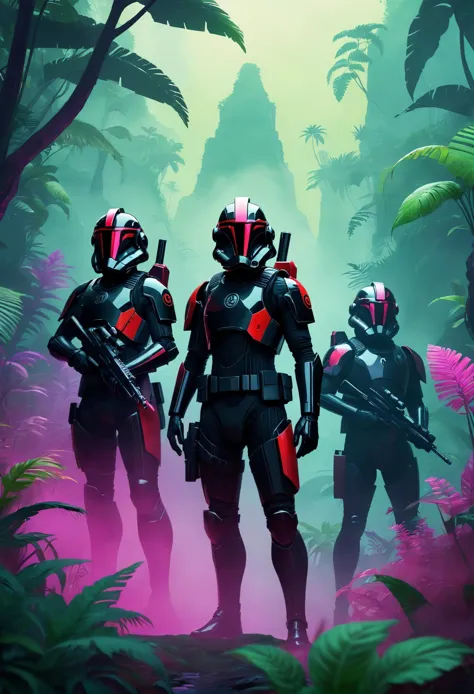 Fortnite Art Style, (Inferno Squad), Acidwave aesthetics, a portrait of a Inferno Squad standing in a verdant and thick jungle, ...