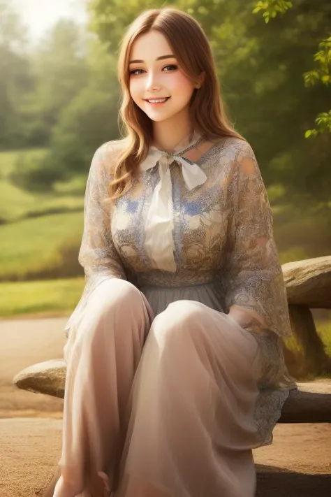 a close up of a woman sitting on a bench in a park