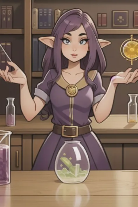 masterpiece, best quality ,1girl,Female, Elven, Alchemist, Making Potion, Steampunk, Lab, Science, Fantasy,  lab background, boo...