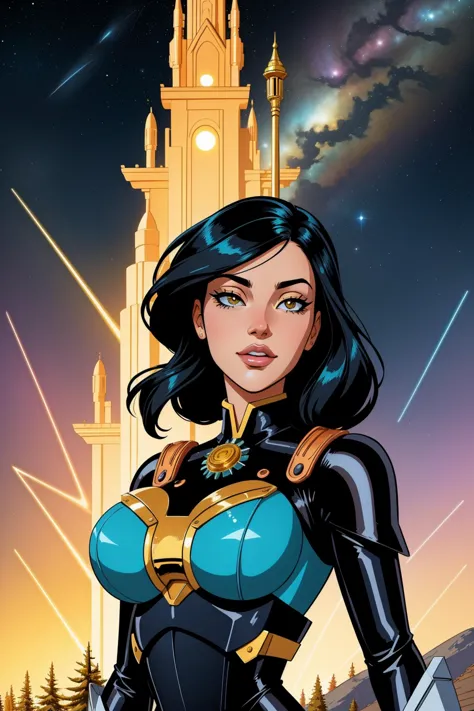 a woman in a blue and black outfit standing in front of a castle