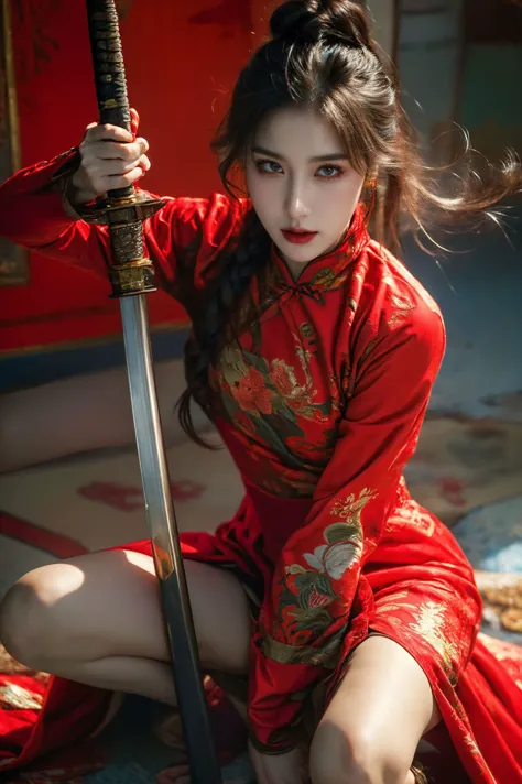 ultra high resolution,((masterpiece))),(((best quality))),((super detailed)),((extremely delicate and beautiful)),
xuer ai yazawa style girl,1girl,solo,holding,long hair,holding weapon,chinese clothes,black hair,dress,looking at viewer,one knee,red dress,long sleeves,side slit,china dress,closed mouth,makeup,red lips,squatting,thighs,bare legs,lips,breasts,eyelashes,katana,grey eyes,
(disgust:1.3),
