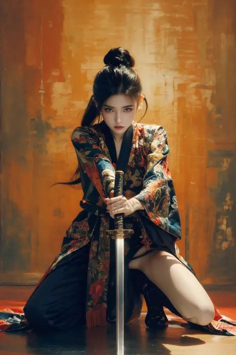 ultra high resolution,((masterpiece))),(((best quality))),((super detailed)),((extremely delicate and beautiful)),
xuer ai yazawa style girl,1girl,solo,holding,black hair,katana,holding weapon,one knee,long hair,blue eyes,looking at viewer,wide sleeves,closed mouth,
(disgust:1.3),(full body:1.2),
<lora:~Q?-kfX\YsV2 xuer ai yazawa style girl:0.8>,