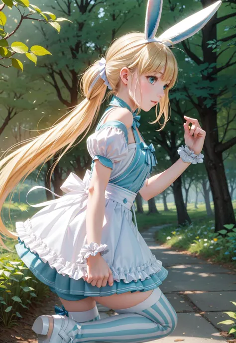 from side, forest, a girl <lora:ArtoriaCasterSwimsuitSecondAscension:.7> dress, frills, twintails, ahoge, rabbit ears, striped, thighhighs, mismatched legwear, short sleeves, detached sleeves, puffy sleeves, apron, bow, wrist cuffs, white footwear,