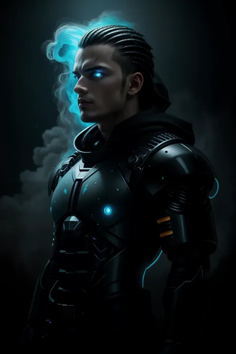 a man in a futuristic suit with blue eyes and a smoke cloud