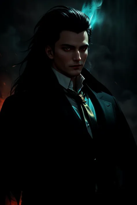 a profesional picture of 1man Damon, the Eternal Vampire was a vampire lord, ancient and powerful, with a demeanor that was both regal and predatory. His hair was a raven black, styled in a coiffure that was both elegant and imposing. His eyes, a deep, crimson red, seemed to glow with an inner fire that betrayed his undead status. His skin was pale, almost translucent, and his fangs were sharp and prominent, ready to sink into the necks of his prey. He wore a tailored suit of the finest black silk, with a white shirt that was always perfectly pressed. A blood-red cravat was knotted around his neck, and his cuffs were adorned with silver buttons. In his hands, he often held a gold-tipped cane, a symbol of his aristocratic status and a potential weapon when needed. BREAK, realistic, perfect quality, best quality, ultrasharp, ultradetailed, perfect quality, masterpiece, intricated details, <lora:add_detail:0.4>, punk, <hypernet:sxzBloom_sxzBloom:0.3>, AS-YoungerV2 < <lora:splashes_v.1.1:0.5> Splash, splashes, splashing, explosion, exploding <lora:Smoke:0.3> smoke, smokkk, colorfull cyan, hotify, vivid colors