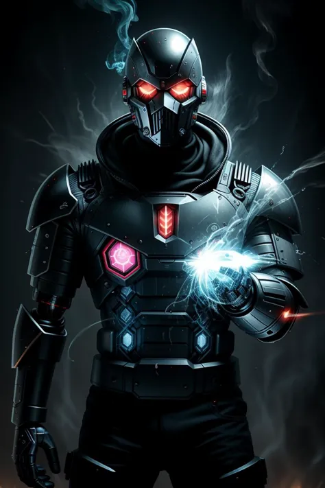 a man in a black suit with red eyes and a glowing mask