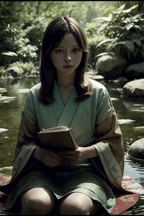 arafed woman sitting on a rock in a river reading a book