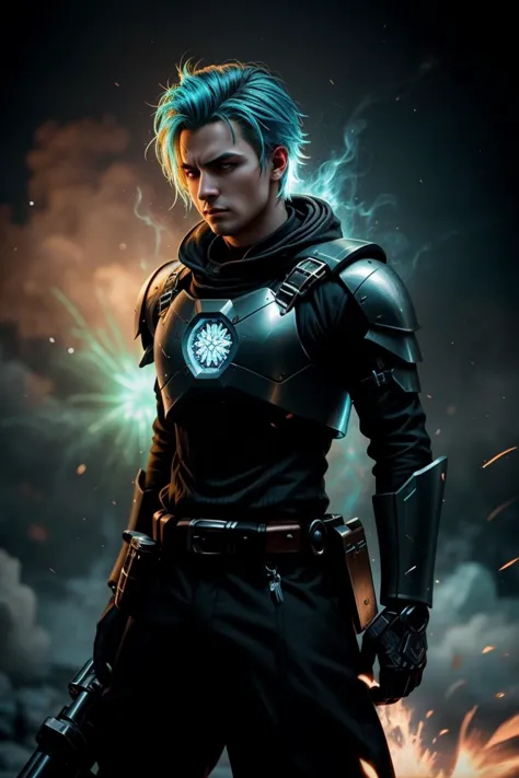 a man with blue hair and a sword standing in front of a dark background